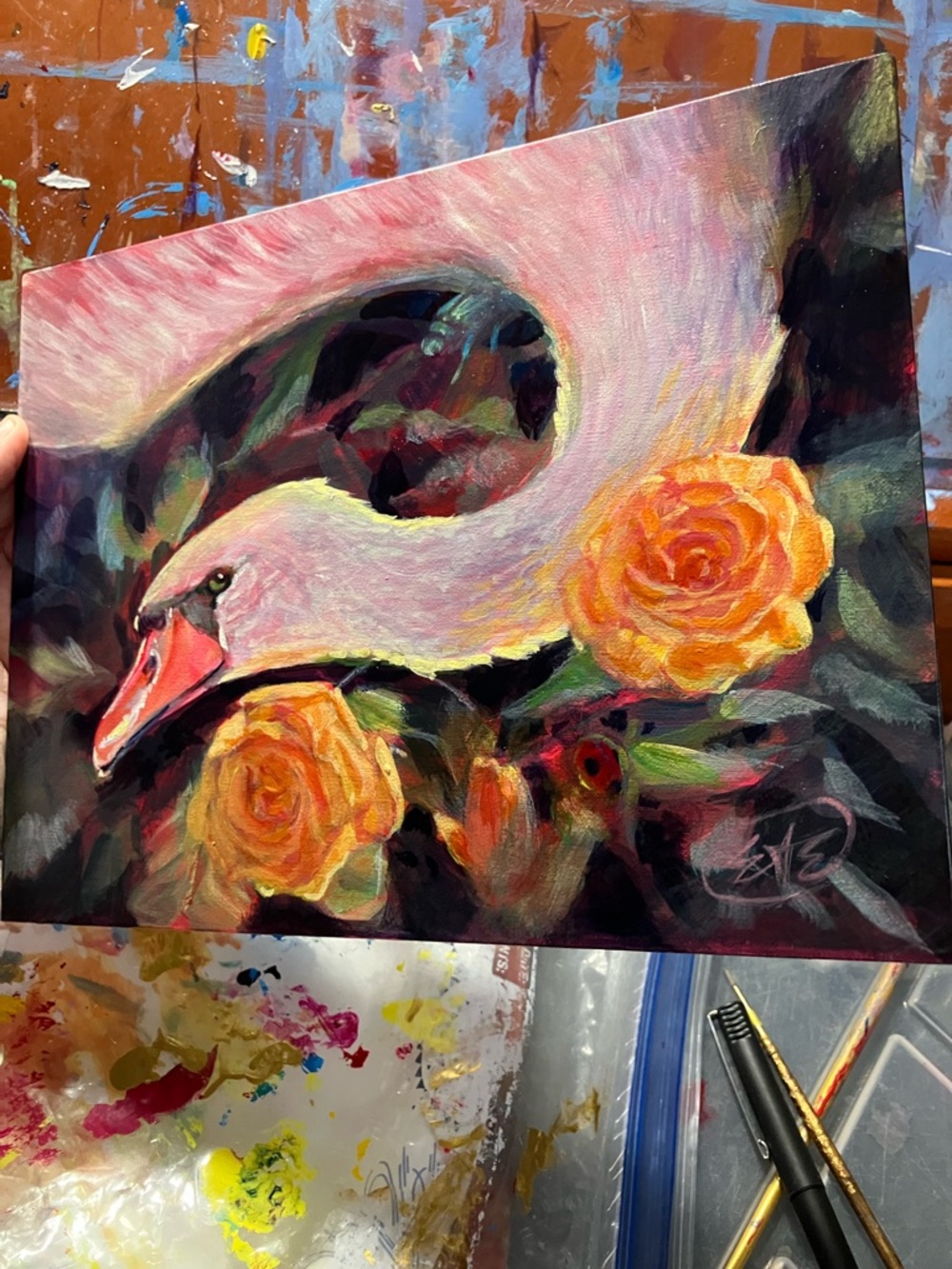 Swan original painting yellow rose garden surrealism art Artettina USA - Picture 6 of 8